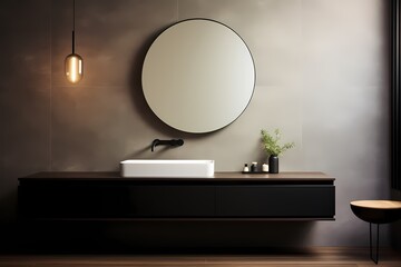 A modern classic minimalist washroom with a floating vanity, a sleek mirror, and a minimalist pendant light, creating a clean and stylish atmosphere.