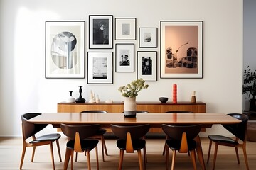 A modern dining room featuring a sleek wooden table, mid-century modern chairs, and a gallery wall displaying a curated collection of artwork.