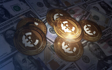 Euro EUR cryptocurrency golden coin 3d illustration