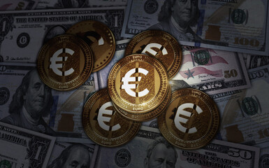 Euro EUR cryptocurrency golden coin 3d illustration