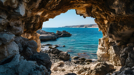 A photo of the Sea Caves area in Agia Napa, Cyprus, with rugged coastline as the background, during a tranquil twilight
