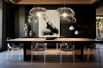 A modern dining room with a sleek black table, transparent acrylic chairs, and a unique pendant light fixture hanging above the table.