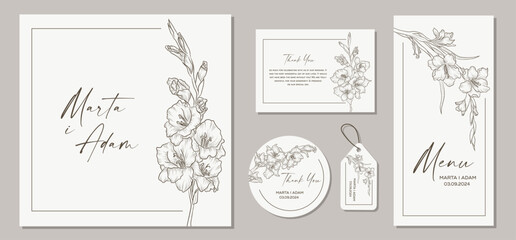 Set of wedding invitation cards with flowers gladiolus and floral elements. Vector illustration.