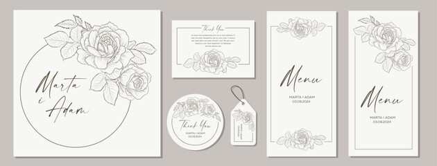 Set wedding invitation card template with hand drawn roses. Vector illustration.