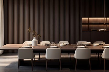 A sleek and minimalist dining room featuring a long, polished wooden table adorned with contemporary tableware and designer decor.