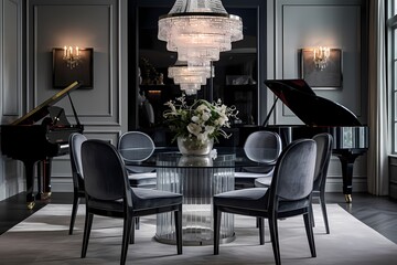 A sophisticated dining room with a round glass table, velvet dining chairs, and a grand piano in the corner, creating an elegant atmosphere.