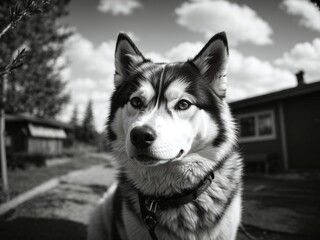 Portrait of a beautiful a black and white photo of a husky, Pet concept.