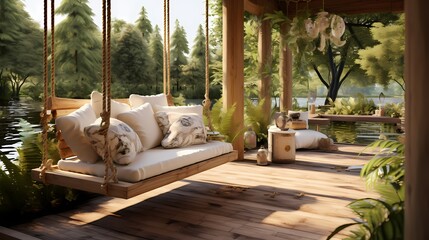 A veranda oasis with a wooden swing, cozy cushions, and a soothing water feature, creating a zen outdoor space