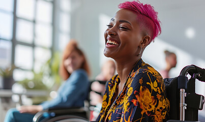 Inclusive happy smiling black African American disabled office LGBTQ+ queer female wheelchair bound colleague, pink lesbian afro hair, bright diverse deib positive workplace, candid afro american - obrazy, fototapety, plakaty