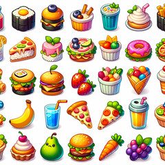 Fototapeta premium A cartoonish food-themed UI elements for a video game interface, featuring items like sushi, pizza, burgers, fruits, vegetables, cakes, and drinks.