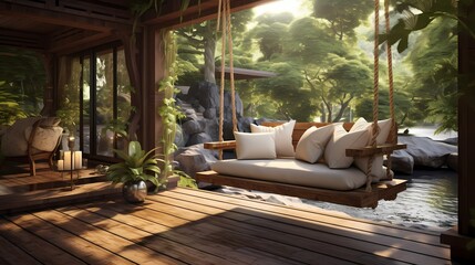 Naklejka premium A veranda oasis with a wooden swing, cozy cushions, and a soothing water feature, creating a zen outdoor space