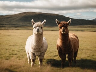 Naklejka premium A close up of a two alpacas standing on a grassy field