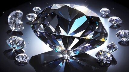 The image displays several sparkling diamonds of various sizes, with the largest one in the center, all reflecting light on a gradient grey background, symbolizing luxury and wealth. - obrazy, fototapety, plakaty