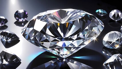 The image displays several sparkling diamonds of various sizes, with the largest one in the center, all reflecting light on a gradient grey background, symbolizing luxury and wealth.