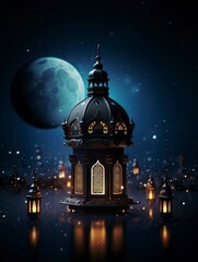 islamic lantern on night dark sky with light stars on bid moonlight 64k 3D, copy space with generative ai