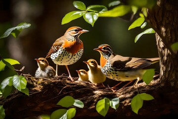 Witness the heartwarming scene of a Wood Thrush feeding its hungry chicks in a nest intricately woven within the verdant foliage. The perfect lighting enhances the realism, bringing out the finest det