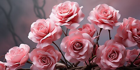 pink roses up close against a soft gray background! The delicate petals stand out, creating a beautiful floral display. 