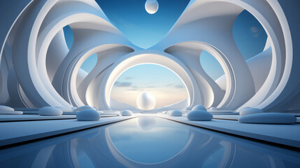 Futuristic 3D Design: Captivating Blue Tunnel with Vector Waves, Geometric Patterns, and Digital Abstraction for Business and Interior Wallpaper, generative AI
