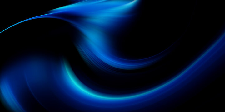 Blur glow overlay. Neon light flare. Futuristic texture glare. De focused navy blue color curve rays reflection on dark black modern abstract background