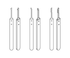 Set of Lock Picks in Two Different Views. Line art style with a half diamond, short medium hook, and wave rake. These tools are used to pick pin tumbler locks.