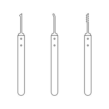 Set of Lock Picks. Includes a Half Diamond a Short Hook and a Wave Rake. Line Art Style.