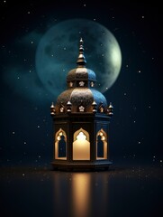 Obraz premium islamic lantern on night dark sky with light stars on bid moonlight 64k 3D, copy space with generative ai