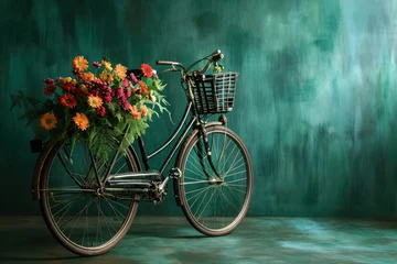 Fototapete Fahrrad Bicycle With Beautiful Flower Basket on vintage background. World bicycle day
