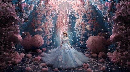 Fashion shot of a young blonde girl dressed in a luxurious dress decorated with rhinestones and precious stones in a room decorated with pink flowers. - obrazy, fototapety, plakaty