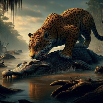 Jaguar ca&ccedil;ando um crocodilo em um rio pantanoso
