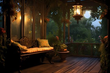 A veranda with a hanging lantern, casting a soft glow and creating a magical atmosphere during the evening hours.