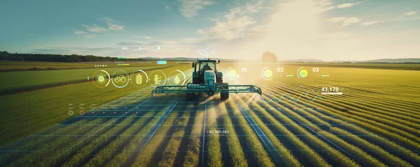 Papier Peint photo Lavable Prairie, marais irrigation tractor driving spraying or harvesting an agricultural crop at sunset with information infographic data datum as banner design for agriculture industry and food supply production concepts