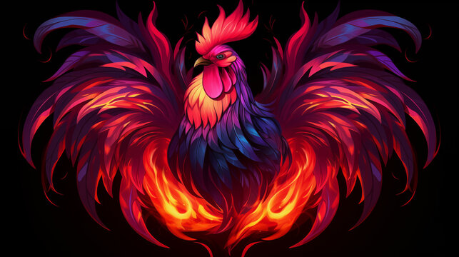 A burning rooster stands on a black background, with his wings spread,cartoon style