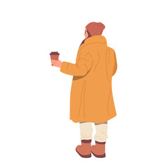 Back view young woman cartoon character wearing winter outwear drinking coffee while walking