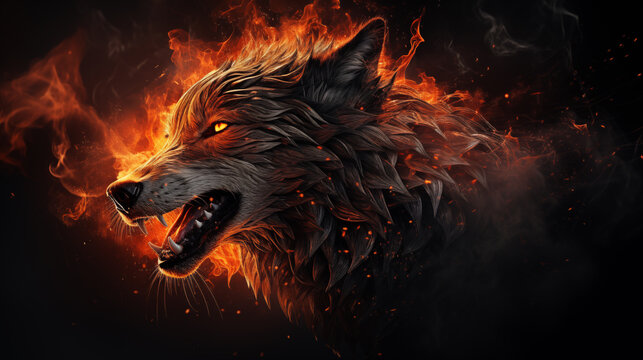 Head of an evil burning wolf, with open mouth, on fire, on black background