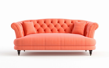 Coral sofa isolated on white. Modern coral sofa on wooden legs, white background