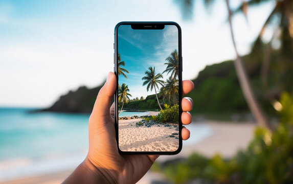 Close-up of hand holding smartphone with summer beach landscape on the screen and a real blurred landscape on the background