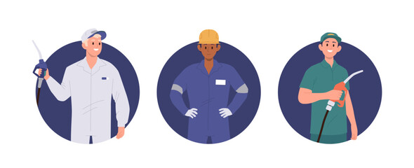 Gas station workers, mechanics, technicians cartoon characters isolated round icon composition set