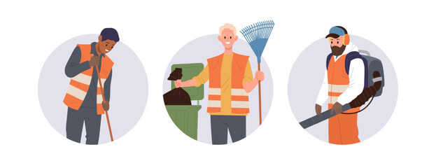 Autumn gardening jobs, city street cleanup service, seasonal sidewalk sweeping from fallen leaves © Iryna Petrenko