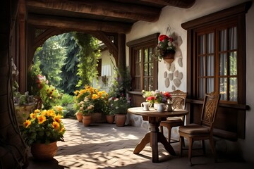 Fototapeta na wymiar A veranda with a rustic wooden table, set with a bouquet of fresh flowers, creating a charming and inviting atmosphere.