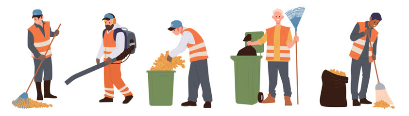 Isolated set of people cleaners cartoon character wearing uniform removing leaves from street