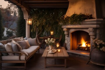 A veranda with a small outdoor fireplace, its crackling flames creating a cozy and inviting atmosphere on chilly evenings. - obrazy, fototapety, plakaty