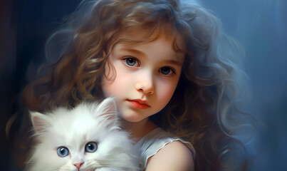 Портрет красивой маленькой девочки с кошкой на руках.