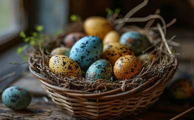 Colorful speckled eggs nestle in a woven basket on a rustic wooden surface, illuminated by natural light.