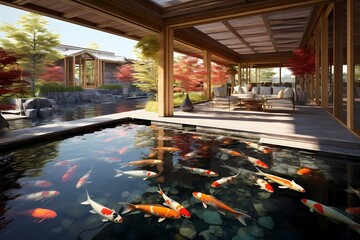 A veranda with a small pond, filled with colorful koi fish, creating a serene and mesmerizing focal point.