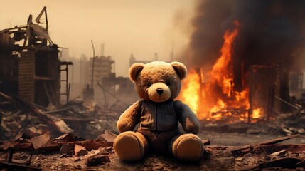 Teddy bear toys over a city's devastation, depicting the aftermath of conflict, war, earthquake, or fire. Smoke rises as a symbol of the world's battles against innocence and peace in children. Banner