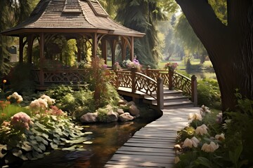 A veranda with a small wooden bridge, leading to a charming gazebo nestled amidst a beautiful garden.