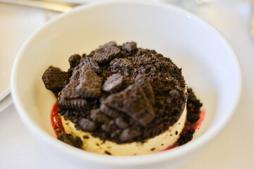 A dessert of cookies and cream cheesecake with raspberry coulis served on a business class flight from Sydney, Australia to Kuala Lumpur, Malaysia
