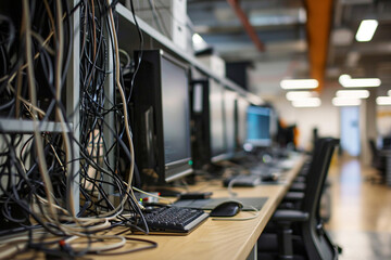 Wires and cables neatly arranged hint at the connectivity and seamless workflow, emphasizing the importance of technology in the contemporary workspace