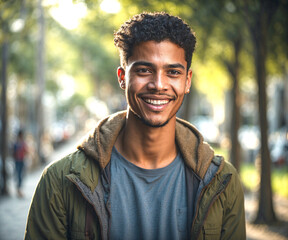 Naklejka premium Outdoor portrait of an urban-style young adult Dominican on a defocused background. People and cultures. Close-up view.