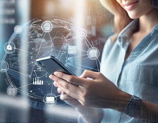 hand holding phone with social icon